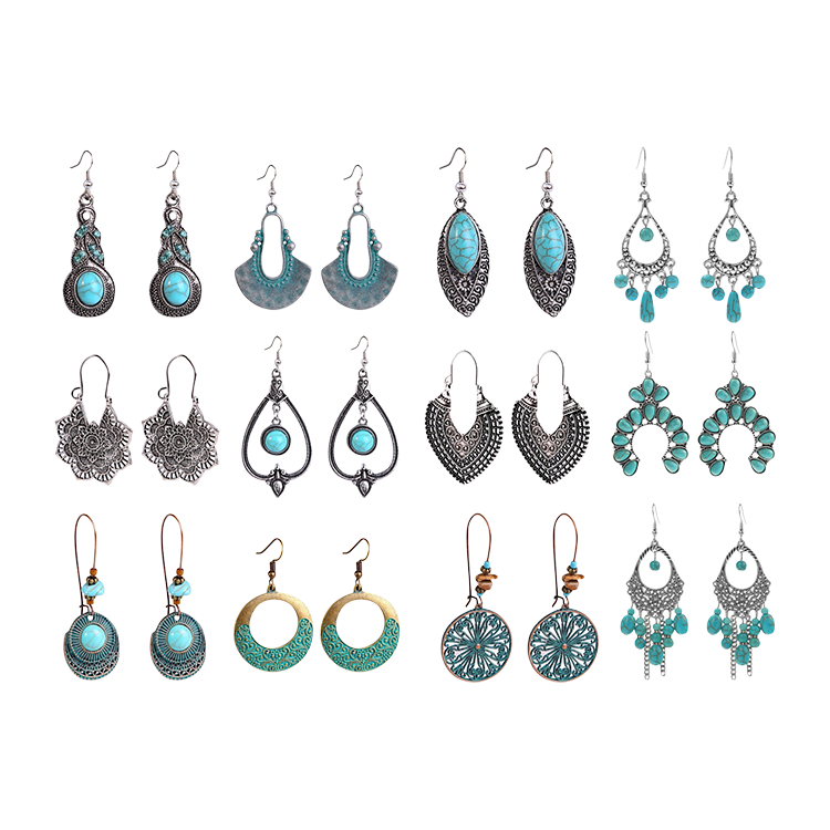 American Turquoise Retro National Style Earrings Set, Bohemian Earrings, 12 pairs Assorted CS Accessory Partners