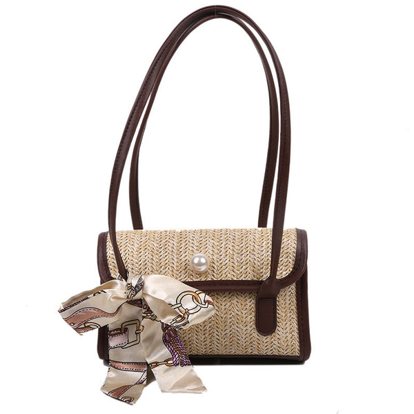 Pearl Detail Faux Leather & Straw Handbag CS Accessory Partners